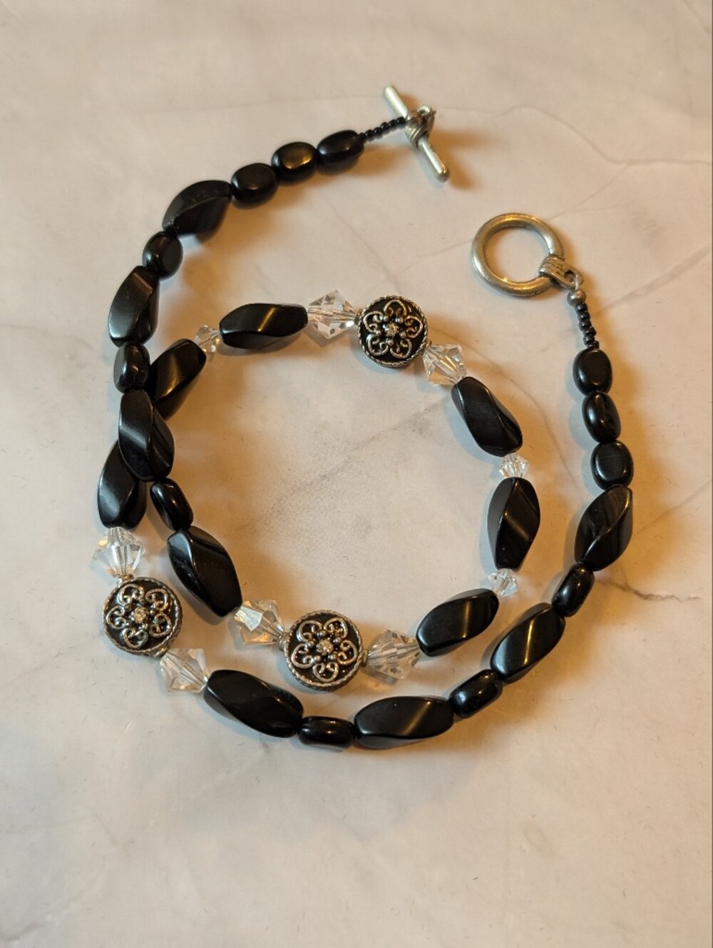 Vintage Black Beaded Necklace with Crystal Accents